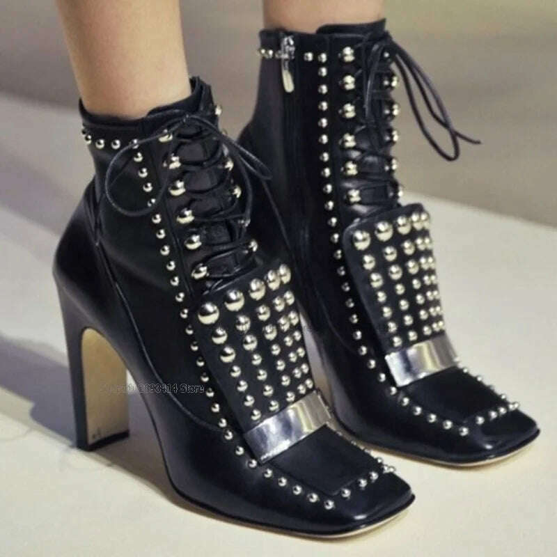 Cross Tied Square Toe Rivet Decor Boots Matte Leather Over the Knee Women Shoes Square Heel Novel Fashionable Zapatillas Mujer - KIMLUD