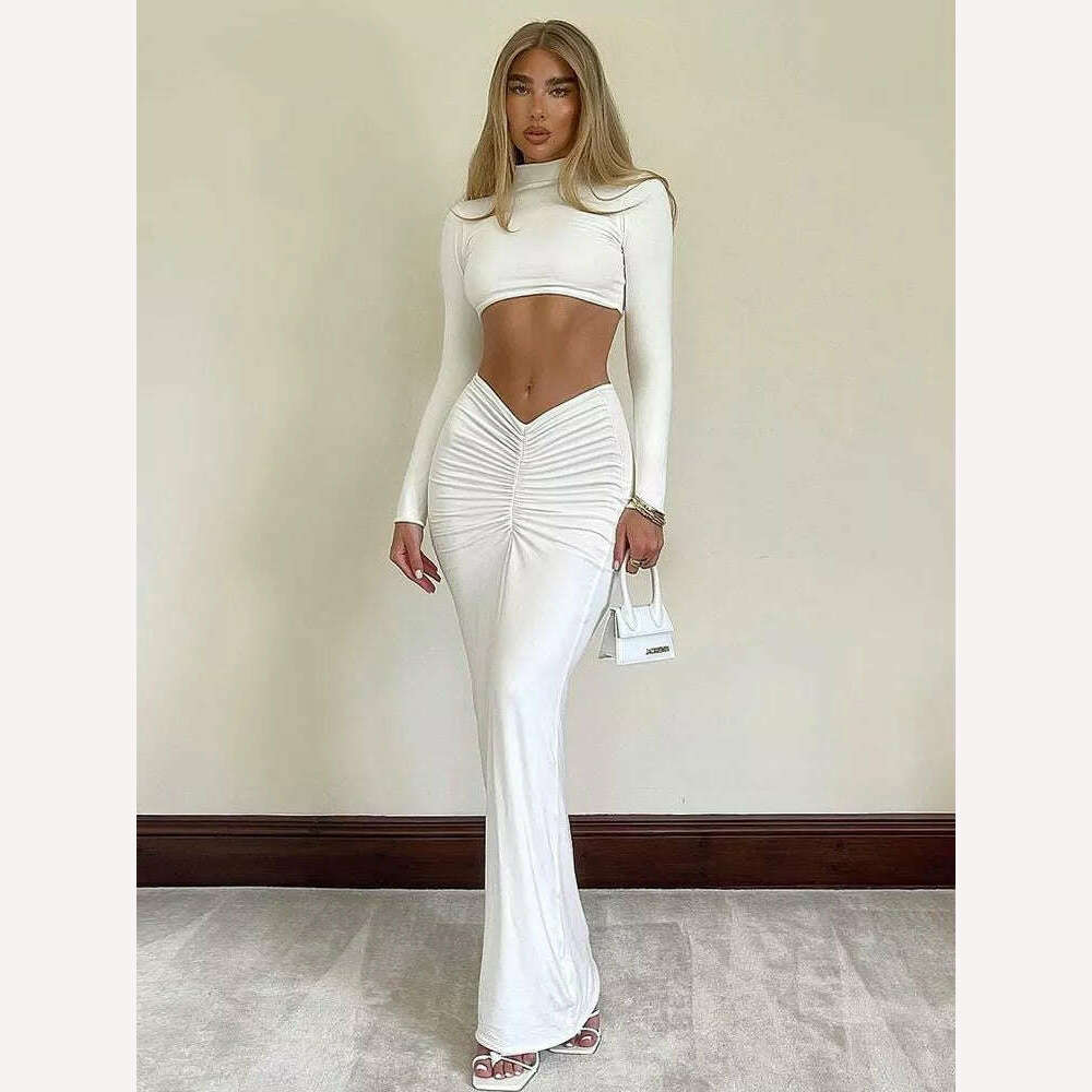 Cryptographic Elegant White Long Sleeve 2 Piece Set Outfits for Women Club Party Top and Dress Sets Long Ruched Matching Sets - KIMLUD