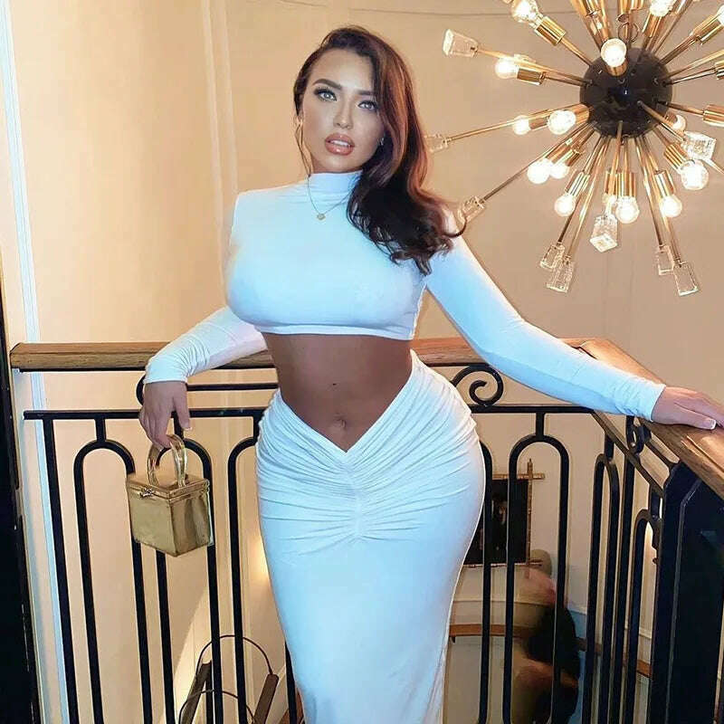 Cryptographic Elegant White Long Sleeve 2 Piece Set Outfits for Women Club Party Top and Dress Sets Long Ruched Matching Sets - KIMLUD