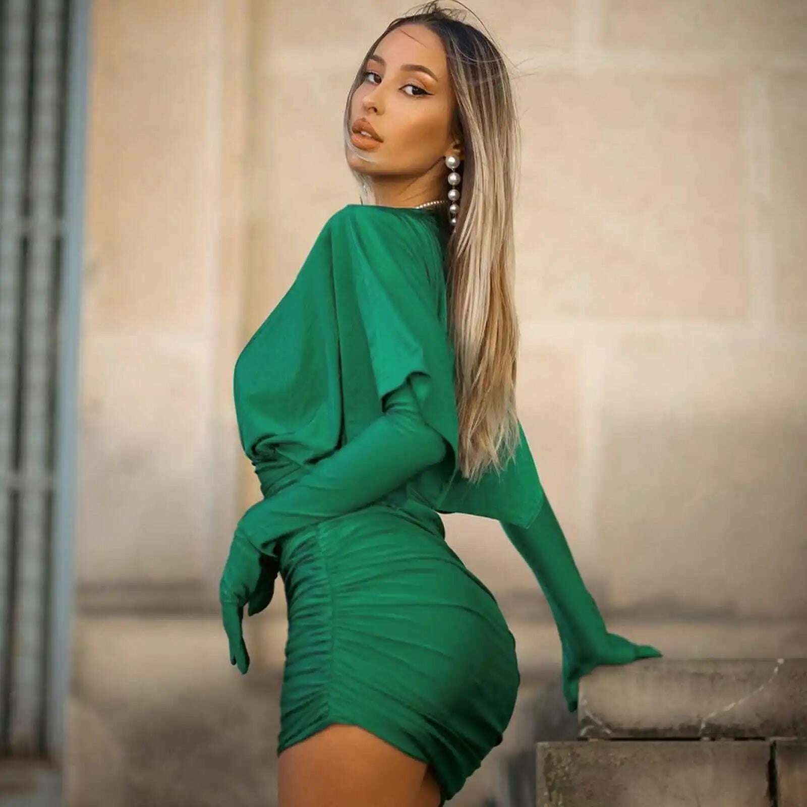 Cryptographic Fashion Sexy V Neck Bodycon Mini Dress for Women Elegant Gown Party Club Outfits Draped Gloves Dresses Clothes - KIMLUD