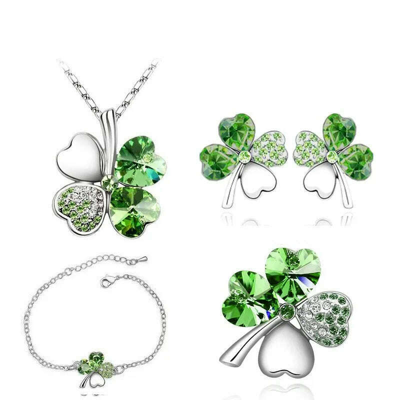 Crystal Clover 4 Leaf heart fashion jewelry set dropshipping Necklace earrings bracelet brooch charm girl quality birthday gifts - KIMLUD