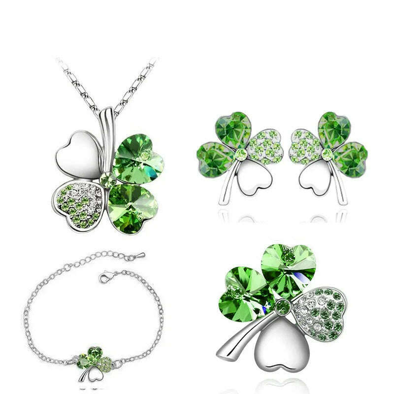 Crystal Clover 4 Leaf heart fashion jewelry set dropshipping Necklace earrings bracelet brooch charm girl quality birthday gifts - KIMLUD