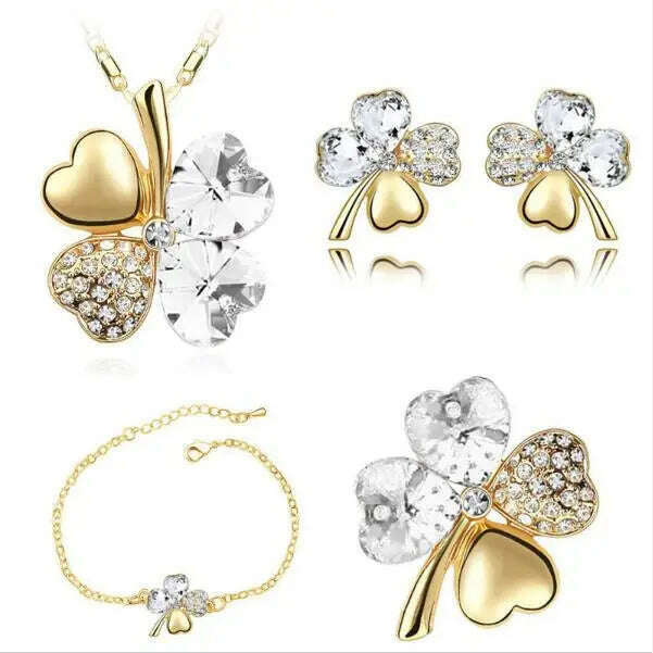 Crystal Clover 4 Leaf heart fashion jewelry set dropshipping Necklace earrings bracelet brooch charm girl quality birthday gifts - KIMLUD
