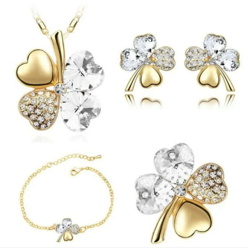 Crystal Clover 4 Leaf heart fashion jewelry set dropshipping Necklace earrings bracelet brooch charm girl quality birthday gifts - KIMLUD