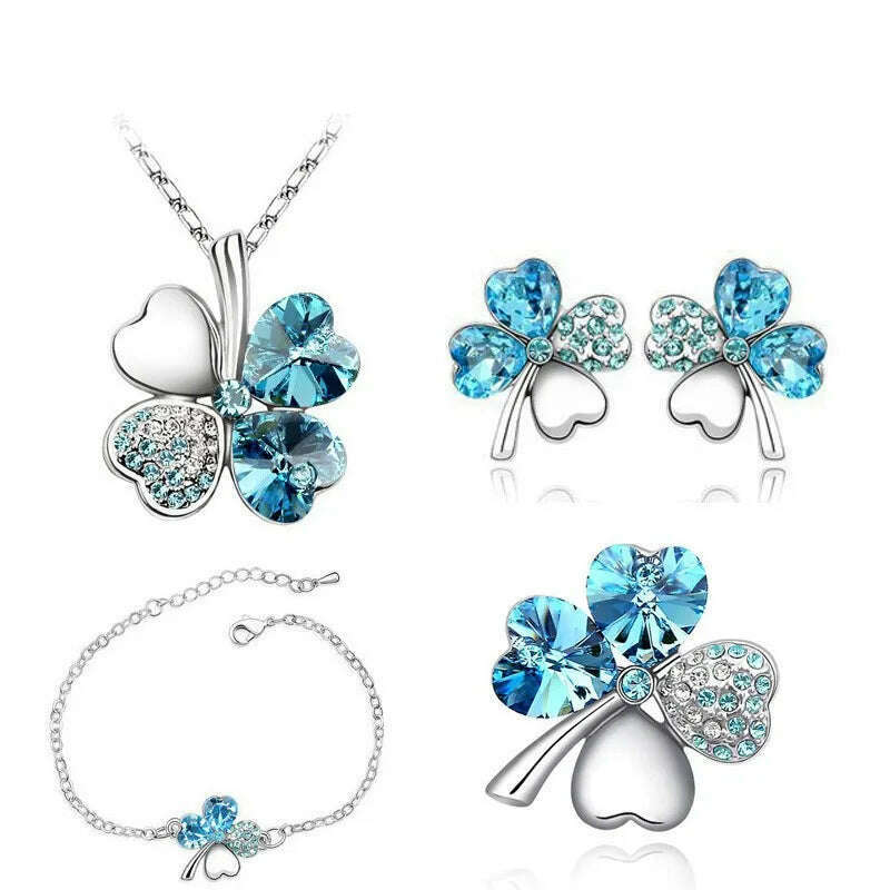 Crystal Clover 4 Leaf heart fashion jewelry set dropshipping Necklace earrings bracelet brooch charm girl quality birthday gifts - KIMLUD