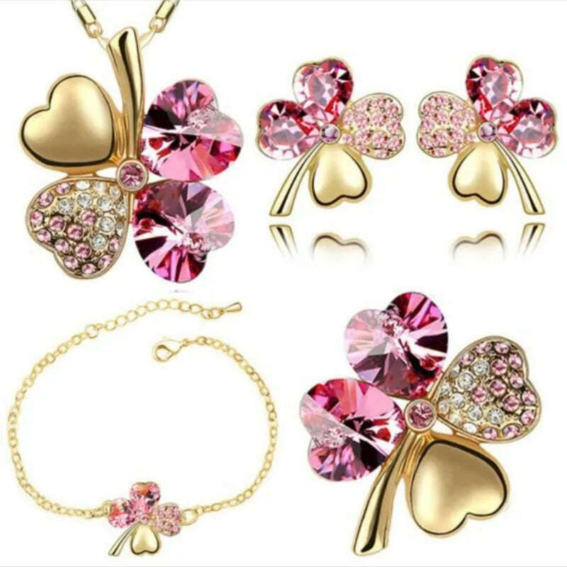 Crystal Clover 4 Leaf heart fashion jewelry set dropshipping Necklace earrings bracelet brooch charm girl quality birthday gifts - KIMLUD