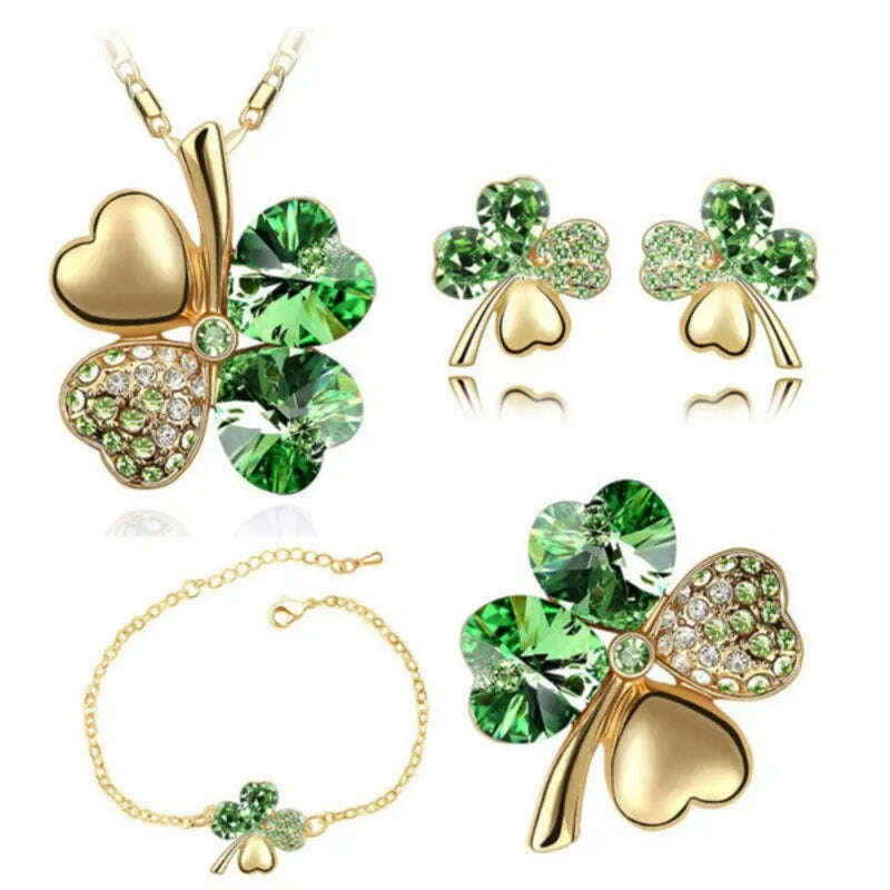 Crystal Clover 4 Leaf heart fashion jewelry set dropshipping Necklace earrings bracelet brooch charm girl quality birthday gifts - KIMLUD