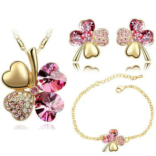 Crystal Clover 4 Leaf leaves heart pendant Jewelry sets necklace earrings bracelet women lovers cute romantic gifts summer party - KIMLUD