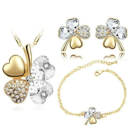 Crystal Clover 4 Leaf leaves heart pendant Jewelry sets necklace earrings bracelet women lovers cute romantic gifts summer party - KIMLUD