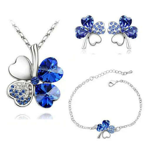 Crystal Clover 4 Leaf leaves heart pendant Jewelry sets necklace earrings bracelet women lovers cute romantic gifts summer party - KIMLUD