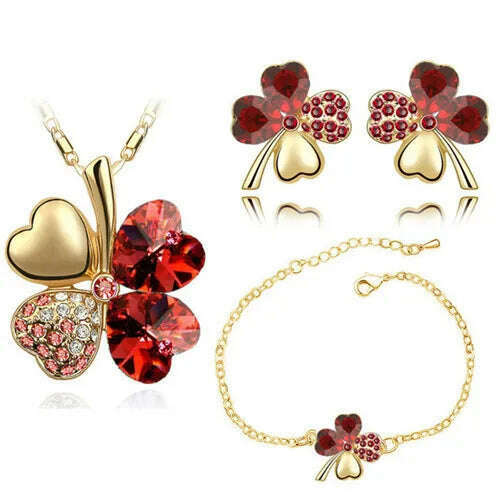 Crystal Clover 4 Leaf leaves heart pendant Jewelry sets necklace earrings bracelet women lovers cute romantic gifts summer party - KIMLUD