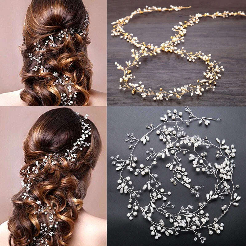 Crystal Pearl Tiaras Hairbands Hairpins Bridesmaid Diamante Vine Decoration Hair Accessories Bridal Wedding Jewelry Headwear - KIMLUD