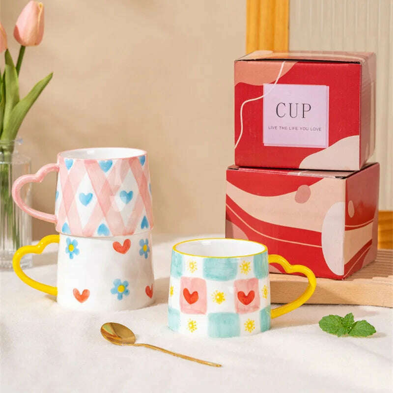 Cute INS Ceramic Mug Creative Hand-Painted Love Heart Coffee Cup Breakfast Milk Cup Afternoon tea Mug Valentine's Day present - KIMLUD