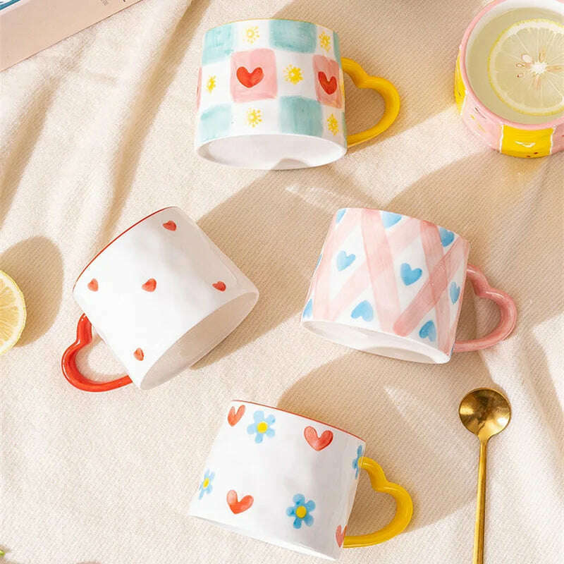 Cute INS Ceramic Mug Creative Hand-Painted Love Heart Coffee Cup Breakfast Milk Cup Afternoon tea Mug Valentine's Day present - KIMLUD