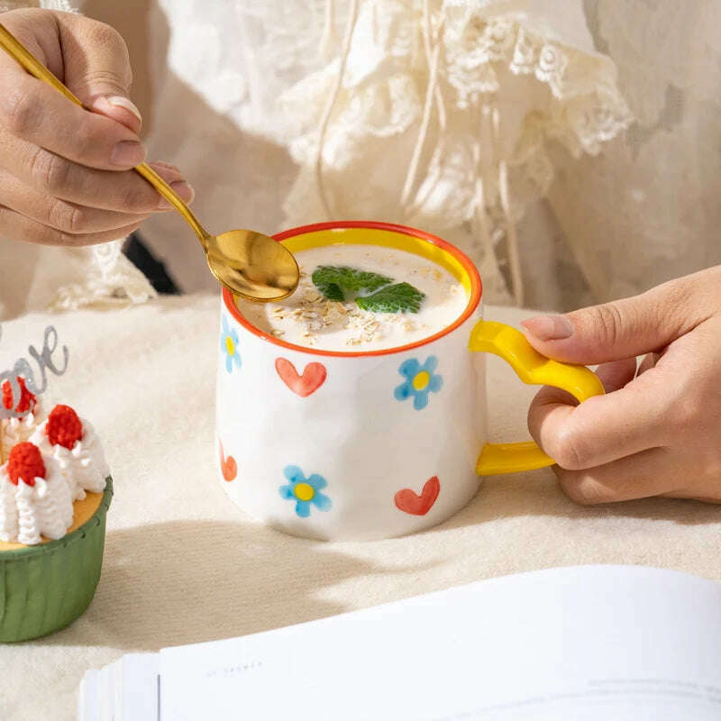 Cute INS Ceramic Mug Creative Hand-Painted Love Heart Coffee Cup Breakfast Milk Cup Afternoon tea Mug Valentine's Day present - KIMLUD