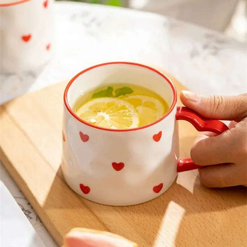 Cute INS Ceramic Mug Creative Hand-Painted Love Heart Coffee Cup Breakfast Milk Cup Afternoon tea Mug Valentine's Day present - KIMLUD