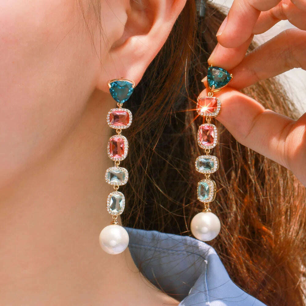 CWWZircons Beautiful Rectangle CZ Crystal Dangle Drop Long Pearl Earrings for Women Delicate Party Engagement Jewellery CZ880 - KIMLUD