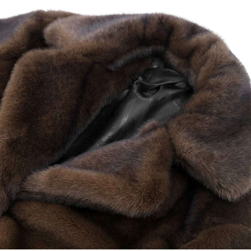 KIMLUD, Dark Brown Faux Fur Long Overcoat For Women Fashion Lapel Single Breasted Loose Fluffy Plush Warm Coat Winter Thicken Outerwear, KIMLUD Womens Clothes