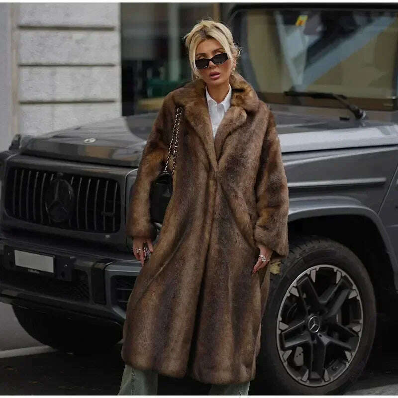 KIMLUD, Dark Brown Faux Fur Long Overcoat For Women Fashion Lapel Single Breasted Loose Fluffy Plush Warm Coat Winter Thicken Outerwear, KIMLUD Womens Clothes