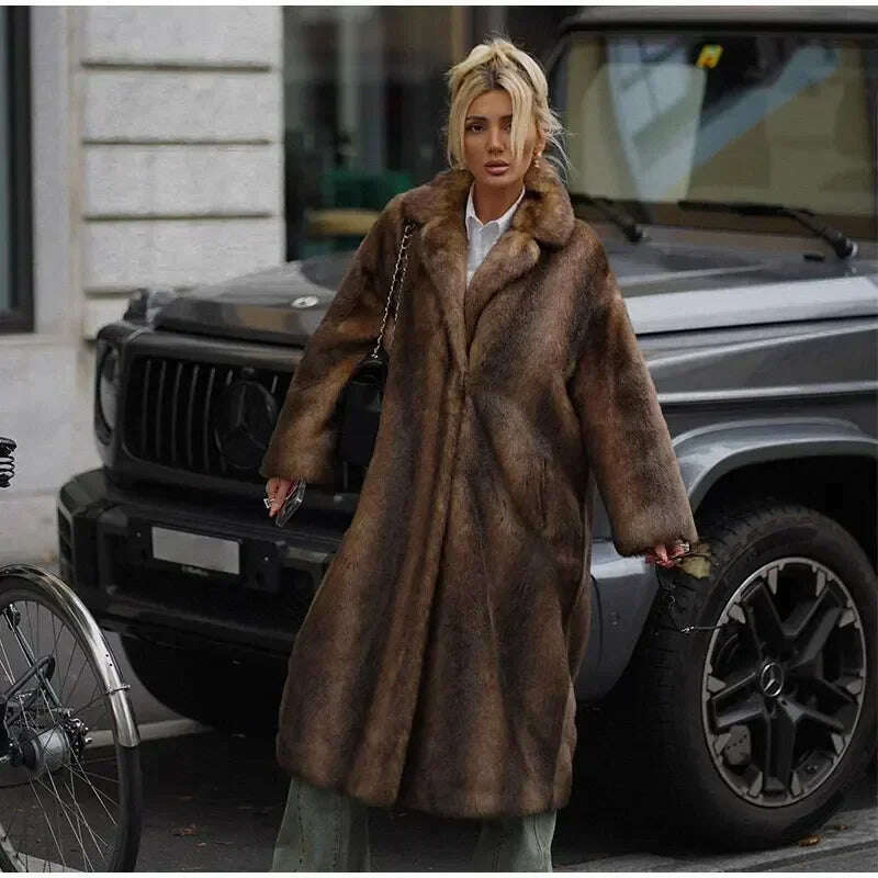 KIMLUD, Dark Brown Faux Fur Long Overcoat For Women Fashion Lapel Single Breasted Loose Fluffy Plush Warm Coat Winter Thicken Outerwear, KIMLUD Womens Clothes