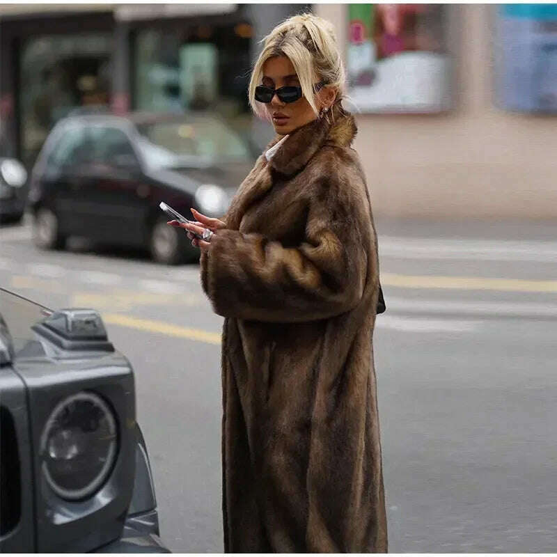 KIMLUD, Dark Brown Faux Fur Long Overcoat For Women Fashion Lapel Single Breasted Loose Fluffy Plush Warm Coat Winter Thicken Outerwear, KIMLUD Womens Clothes