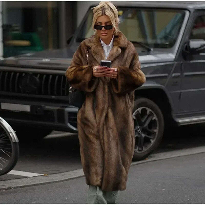 KIMLUD, Dark Brown Faux Fur Long Overcoat For Women Fashion Lapel Single Breasted Loose Fluffy Plush Warm Coat Winter Thicken Outerwear, KIMLUD Womens Clothes