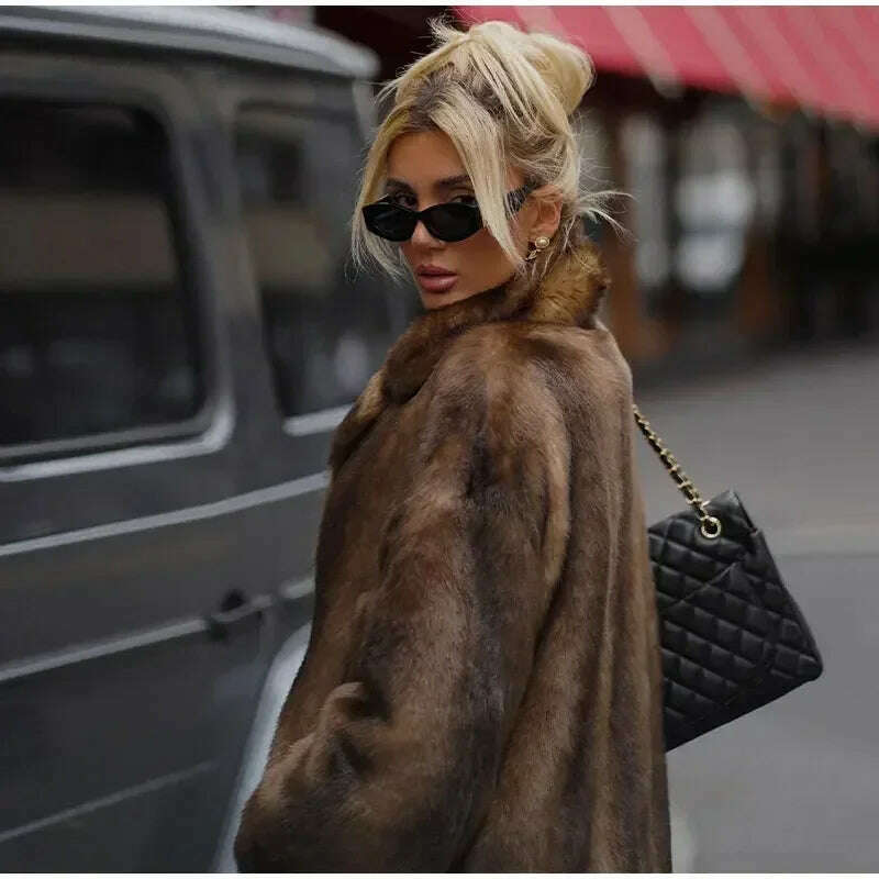 KIMLUD, Dark Brown Faux Fur Long Overcoat For Women Fashion Lapel Single Breasted Loose Fluffy Plush Warm Coat Winter Thicken Outerwear, KIMLUD Womens Clothes