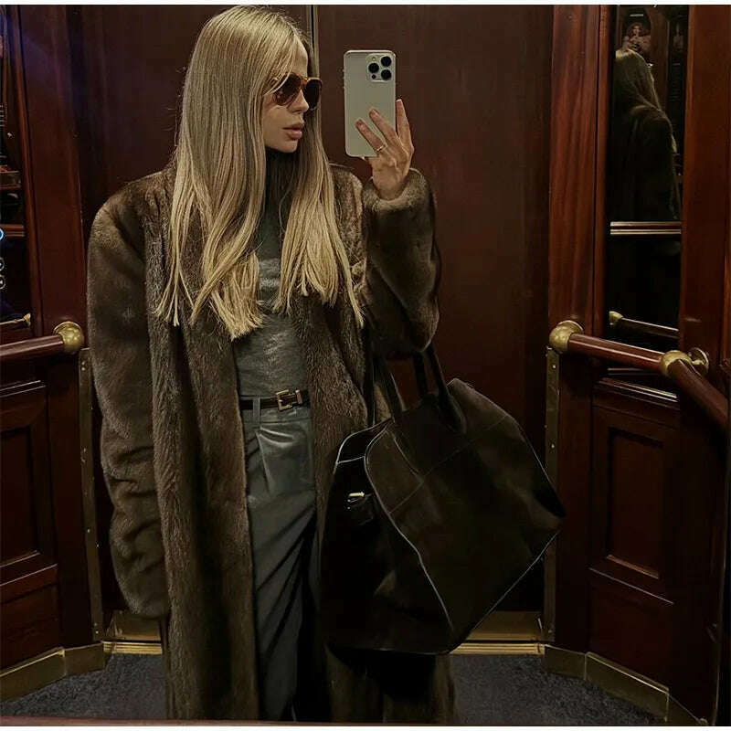 KIMLUD, Dark Brown Faux Fur Long Overcoat For Women Fashion Lapel Single Breasted Loose Fluffy Plush Warm Coat Winter Thicken Outerwear, KIMLUD Womens Clothes