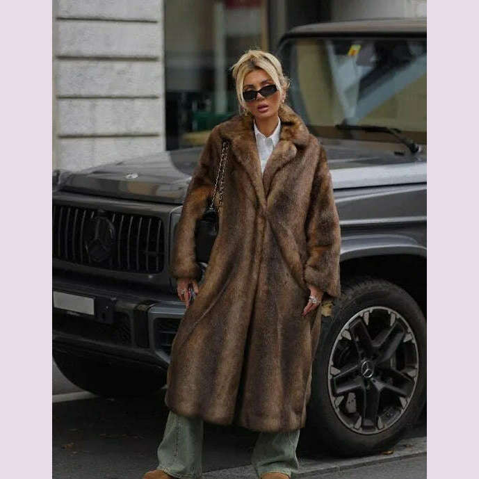 KIMLUD, Dark Brown Faux Fur Long Overcoat For Women Fashion Lapel Single Breasted Loose Fluffy Plush Warm Coat Winter Thicken Outerwear, lapel / S, KIMLUD APPAREL - Womens Clothes
