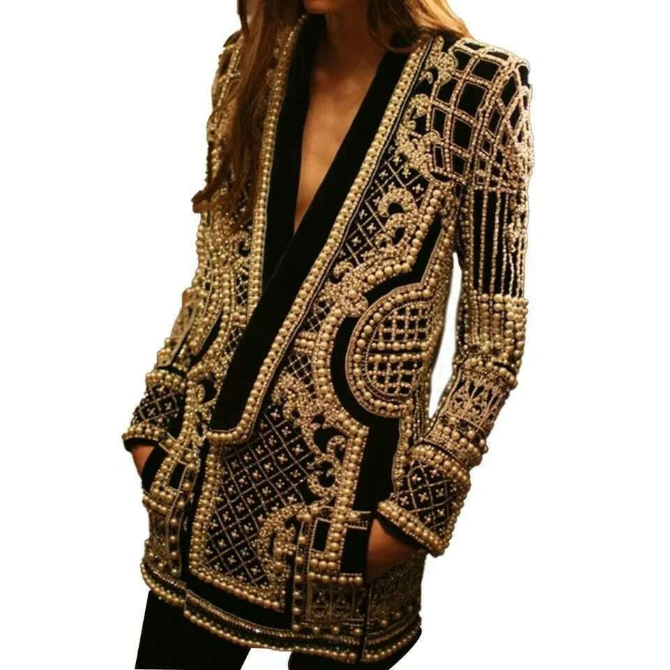 DEAT 2022 Autumn And Autumn New Fashion fit V-Neck Patchwork Long Sleeve Thickened Suit Top Printed Women's Coat - KIMLUD