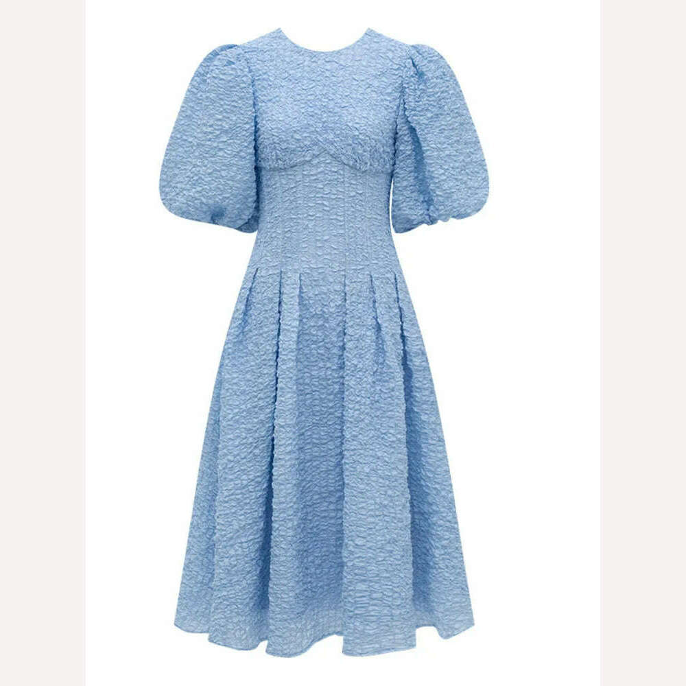 DEAT Elegant Dress O-neck Puff Sleeve Hollow Out Lace-up Pleated Women's Evening Party Dresses 2024 Spring New Fashion 35Z198 - KIMLUD