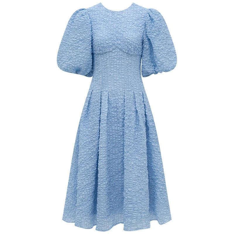 DEAT Elegant Dress O-neck Puff Sleeve Hollow Out Lace-up Pleated Women's Evening Party Dresses 2024 Spring New Fashion 35Z198 - KIMLUD