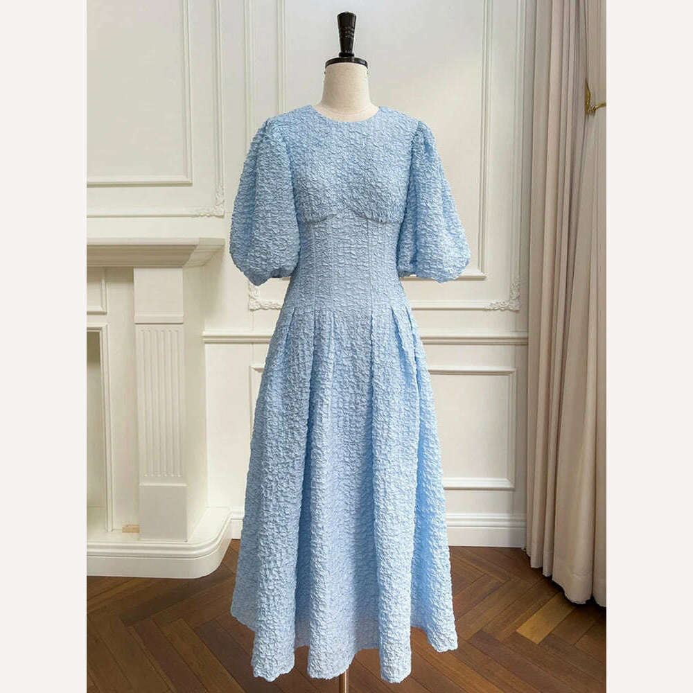DEAT Elegant Dress O-neck Puff Sleeve Hollow Out Lace-up Pleated Women's Evening Party Dresses 2024 Spring New Fashion 35Z198 - KIMLUD