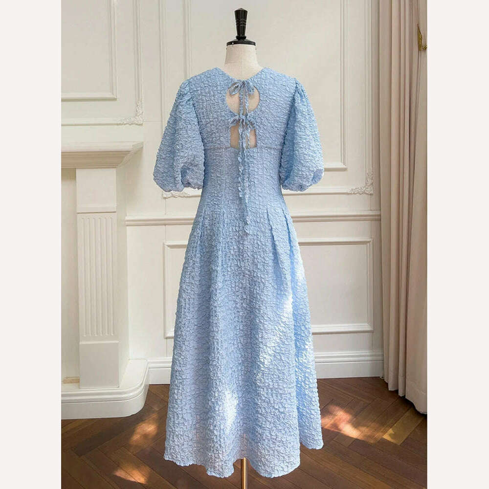 DEAT Elegant Dress O-neck Puff Sleeve Hollow Out Lace-up Pleated Women's Evening Party Dresses 2024 Spring New Fashion 35Z198 - KIMLUD