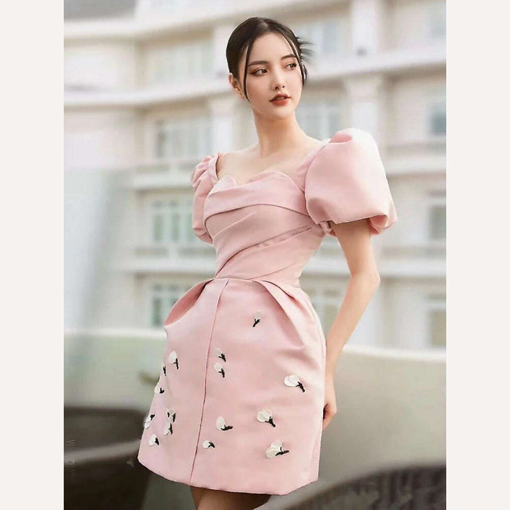 DEAT Elegant Dress Puff Sleeve Square Collar Pink Embroidered Flowers Mini Women's Party Dress 2024 Spring New Fashion 13DB4005 - KIMLUD