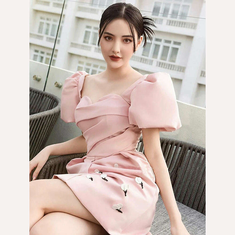 DEAT Elegant Dress Puff Sleeve Square Collar Pink Embroidered Flowers Mini Women's Party Dress 2024 Spring New Fashion 13DB4005 - KIMLUD