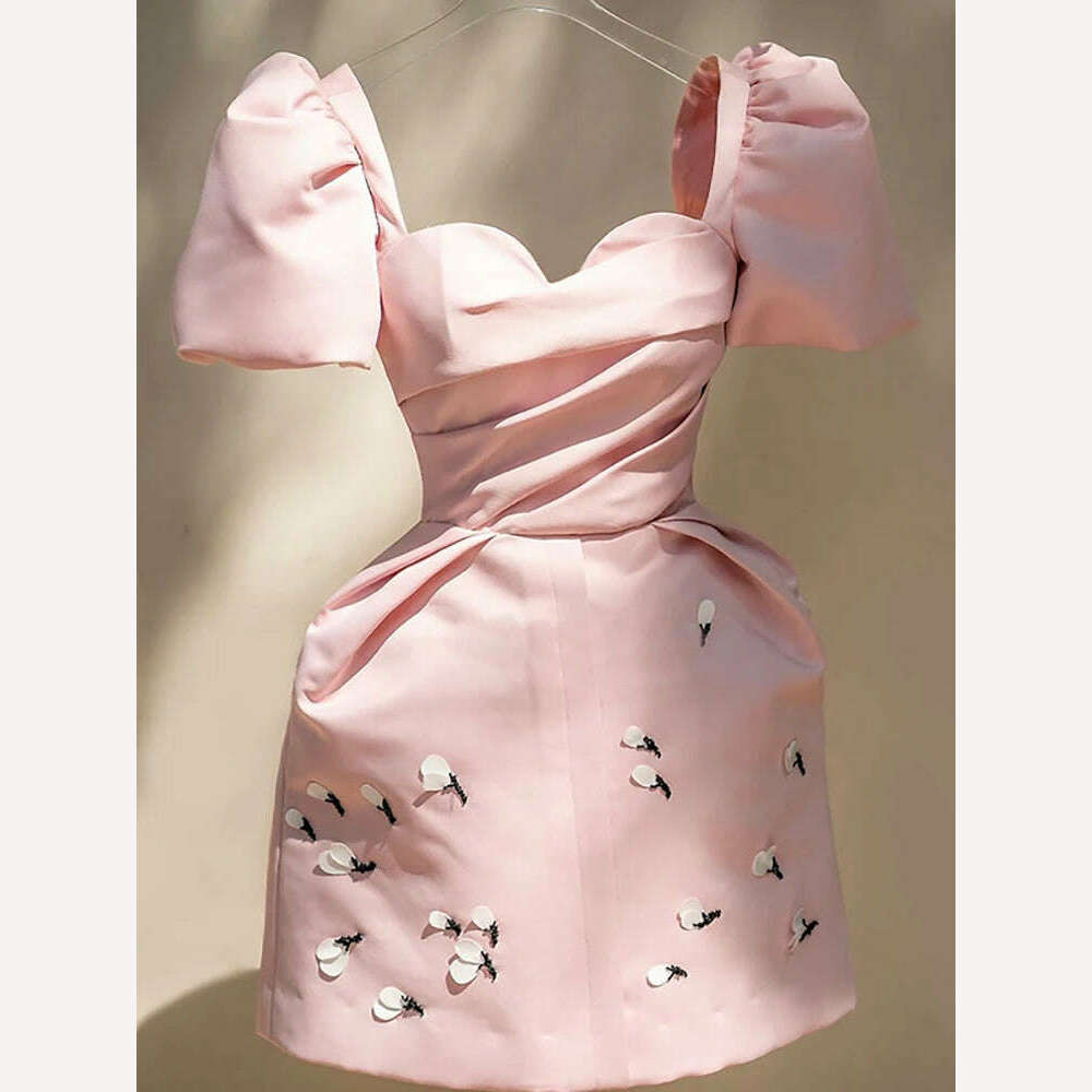 DEAT Elegant Dress Puff Sleeve Square Collar Pink Embroidered Flowers Mini Women's Party Dress 2024 Spring New Fashion 13DB4005 - KIMLUD