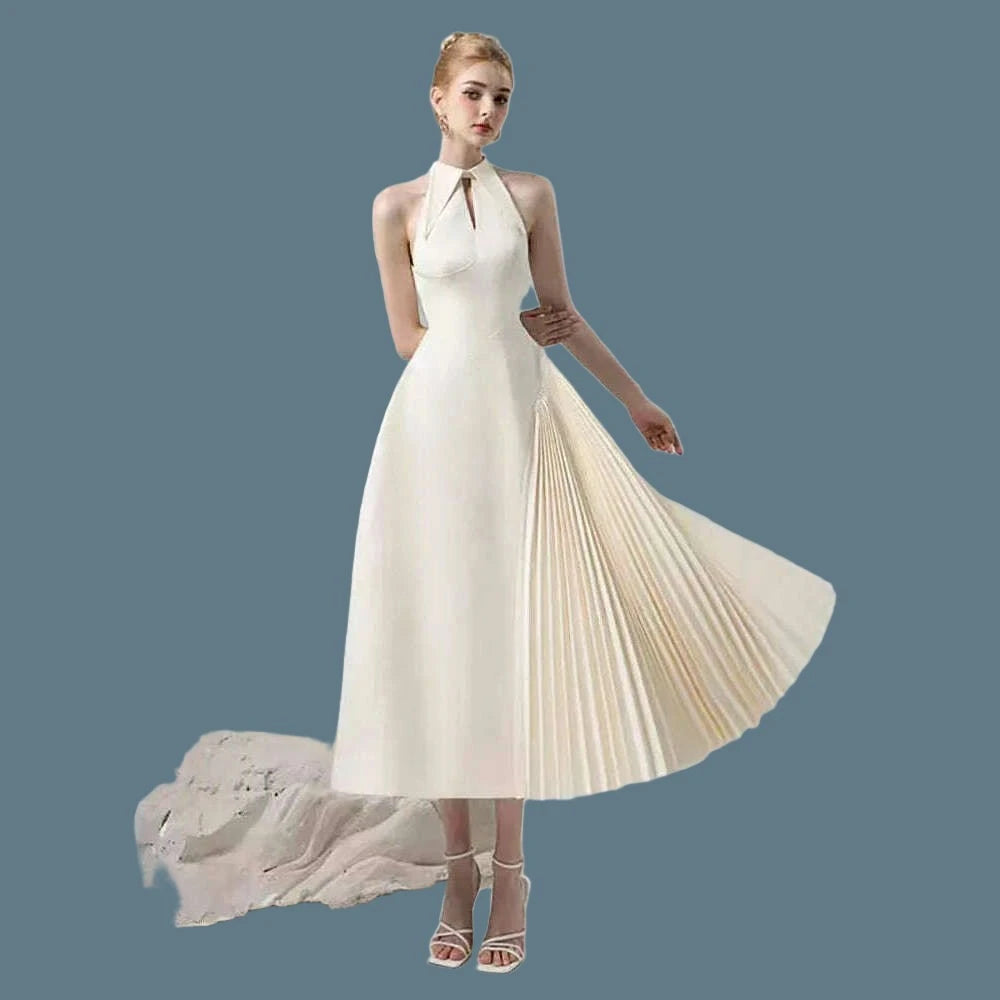 DEAT Elegant Sleeveless Patchwork Halter Dress Pleated Asymmetric Design Women's Evening Wear for Summer Fashion 2024 - KIMLUD