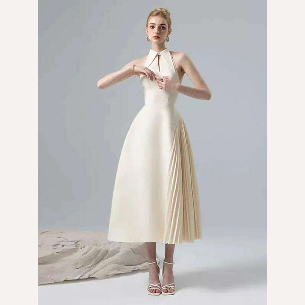 DEAT Elegant Sleeveless Patchwork Halter Dress Pleated Asymmetric Design Women's Evening Wear for Summer Fashion 2024 - KIMLUD