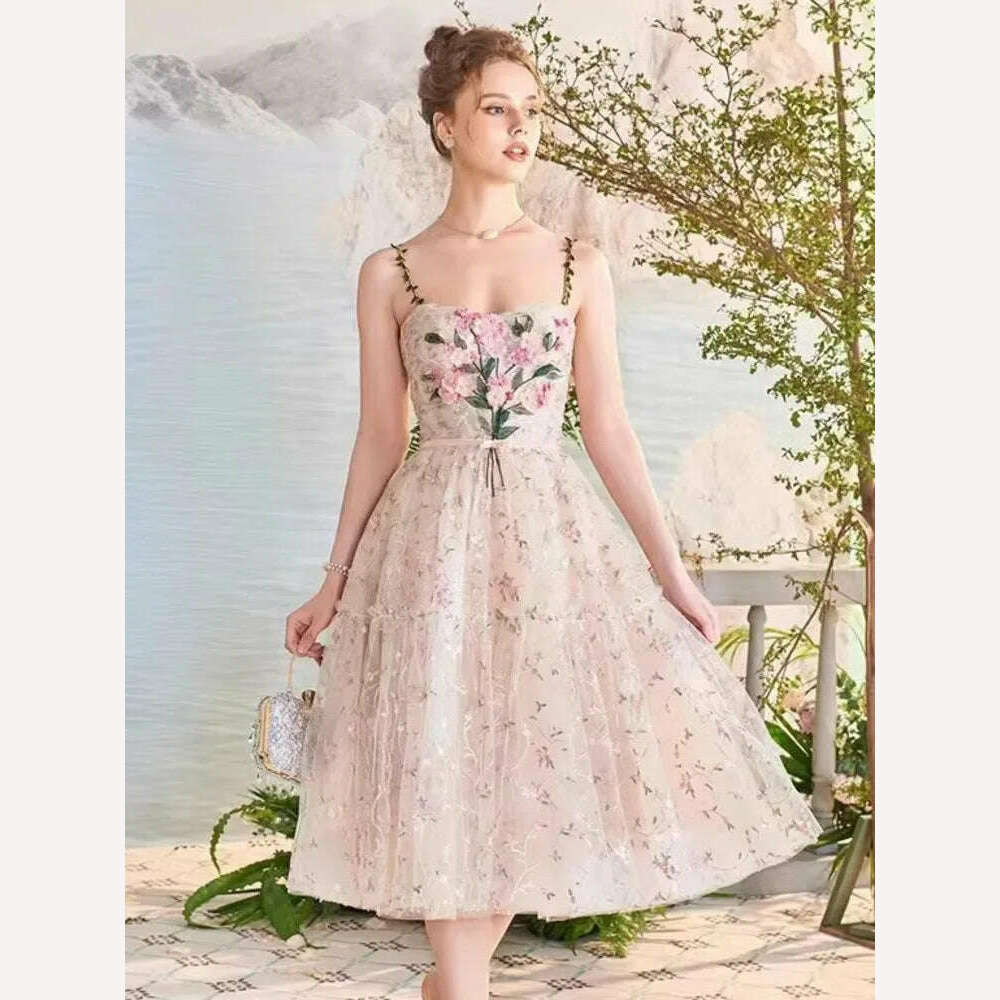 DEAT Elegant Slip Dress Embroidered 3d Floral Pearls Woven Leaves Shoulder Straps Women's Dress 2024 Spring New Fashion 13DB2580 - KIMLUD