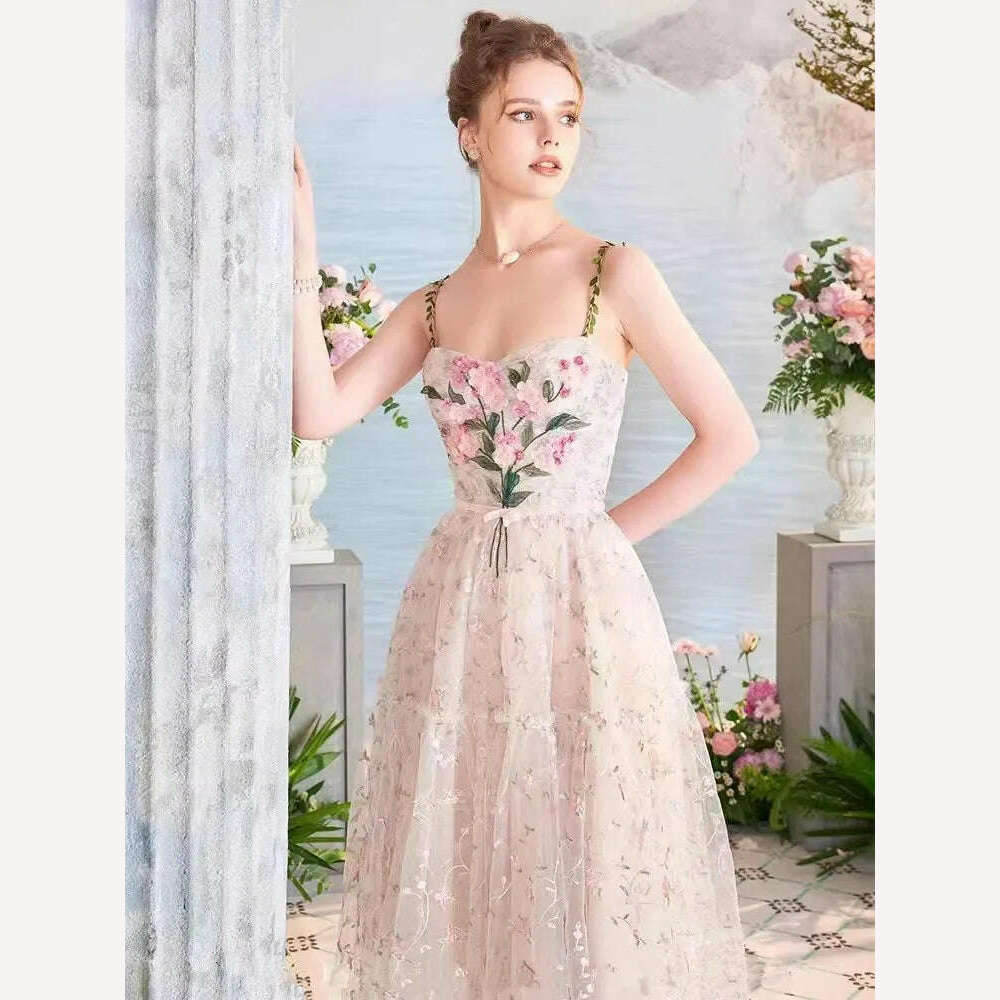 DEAT Elegant Slip Dress Embroidered 3d Floral Pearls Woven Leaves Shoulder Straps Women's Dress 2024 Spring New Fashion 13DB2580 - KIMLUD