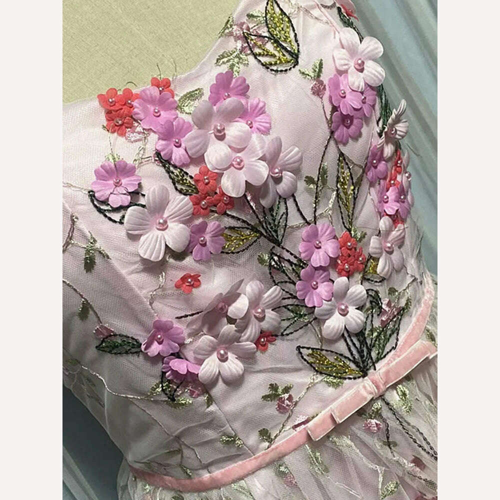 DEAT Elegant Slip Dress Embroidered 3d Floral Pearls Woven Leaves Shoulder Straps Women's Dress 2024 Spring New Fashion 13DB2580 - KIMLUD