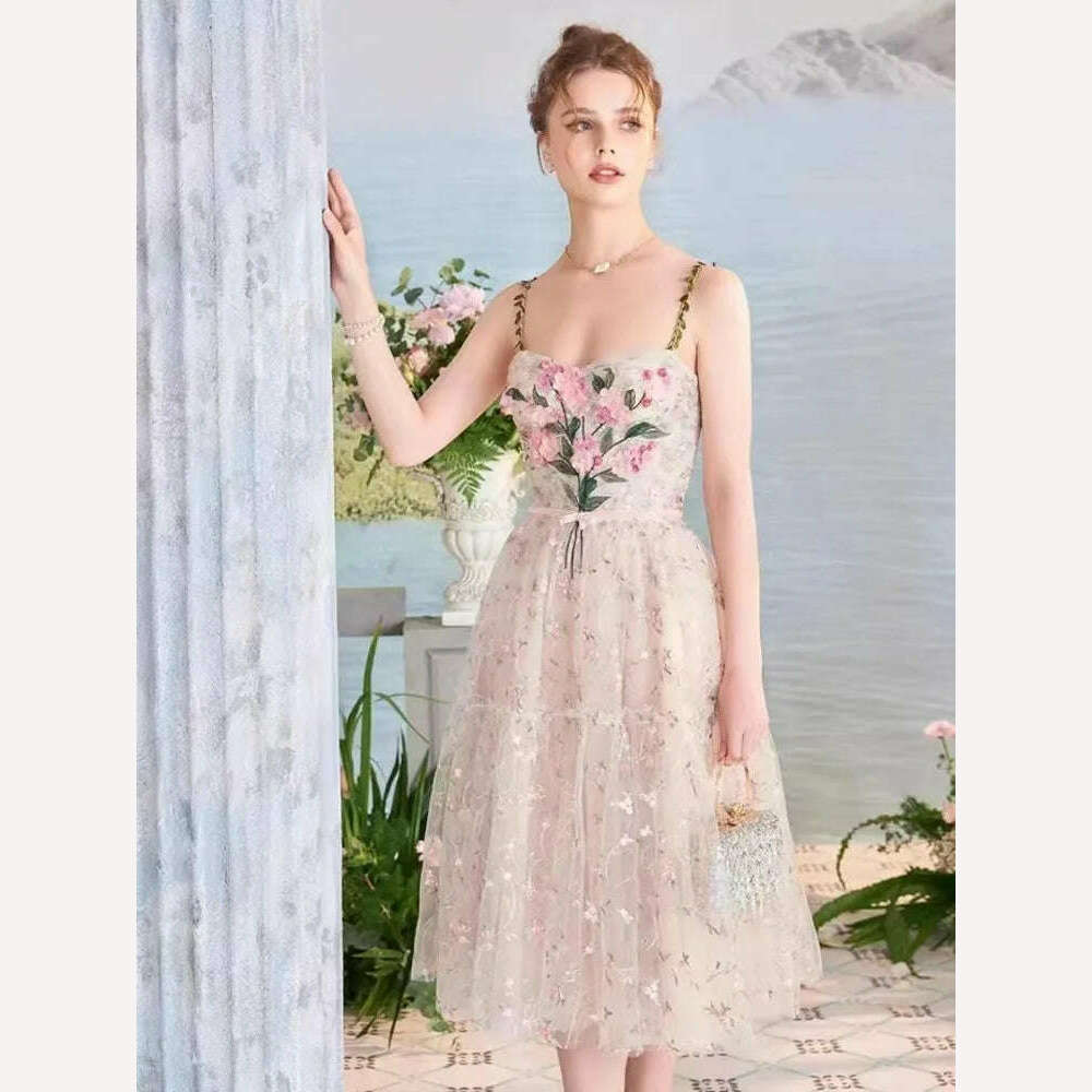 DEAT Elegant Slip Dress Embroidered 3d Floral Pearls Woven Leaves Shoulder Straps Women's Dress 2024 Spring New Fashion 13DB2580 - KIMLUD
