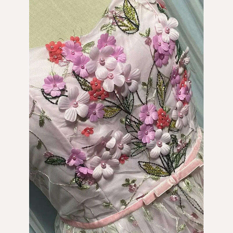 DEAT Elegant Slip Dress Embroidered 3d Floral Pearls Woven Leaves Shoulder Straps Women's Dress 2024 Spring New Fashion 13DB2580 - KIMLUD