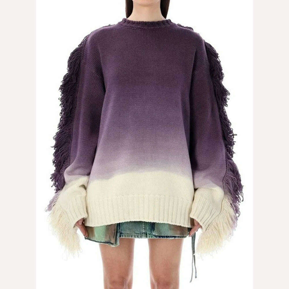 DEAT Fashion Women's Knitted Pullover Loose Round Neck Gradient Tassel Spliced Full Sleeves Sweater Autumn 2024 New Tide LM28080 - KIMLUD