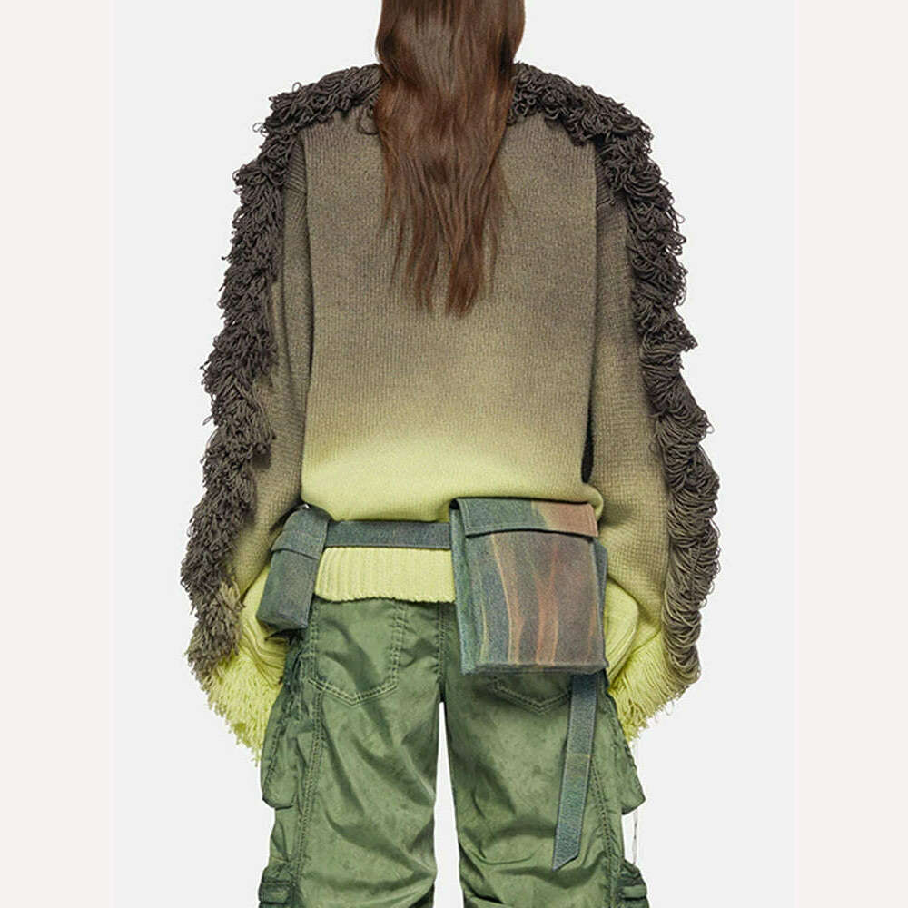 DEAT Fashion Women's Knitted Pullover Loose Round Neck Gradient Tassel Spliced Full Sleeves Sweater Autumn 2024 New Tide LM28080 - KIMLUD