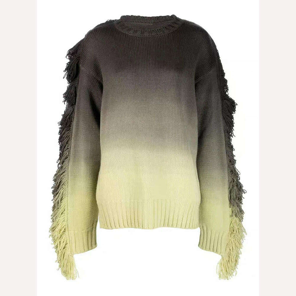 DEAT Fashion Women's Knitted Pullover Loose Round Neck Gradient Tassel Spliced Full Sleeves Sweater Autumn 2024 New Tide LM28080 - KIMLUD