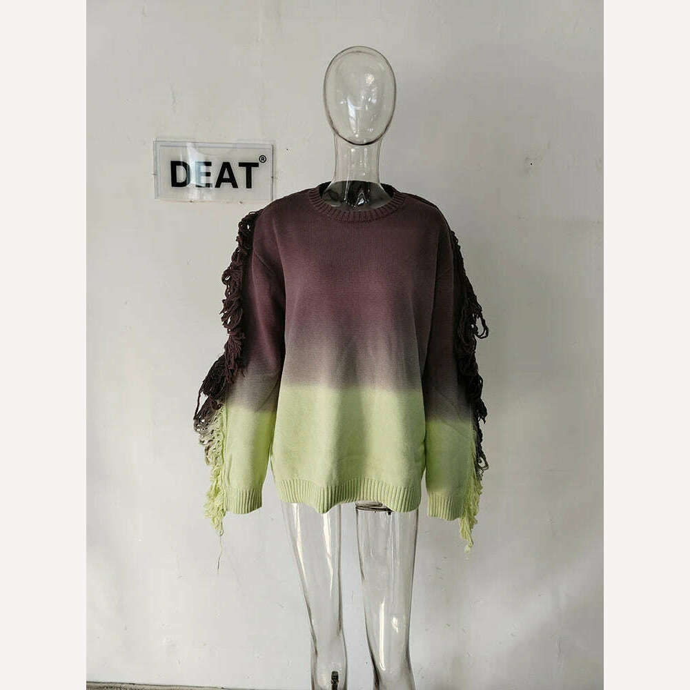 DEAT Fashion Women's Knitted Pullover Loose Round Neck Gradient Tassel Spliced Full Sleeves Sweater Autumn 2024 New Tide LM28080 - KIMLUD