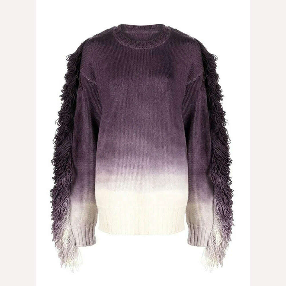 DEAT Fashion Women's Knitted Pullover Loose Round Neck Gradient Tassel Spliced Full Sleeves Sweater Autumn 2024 New Tide LM28080 - KIMLUD
