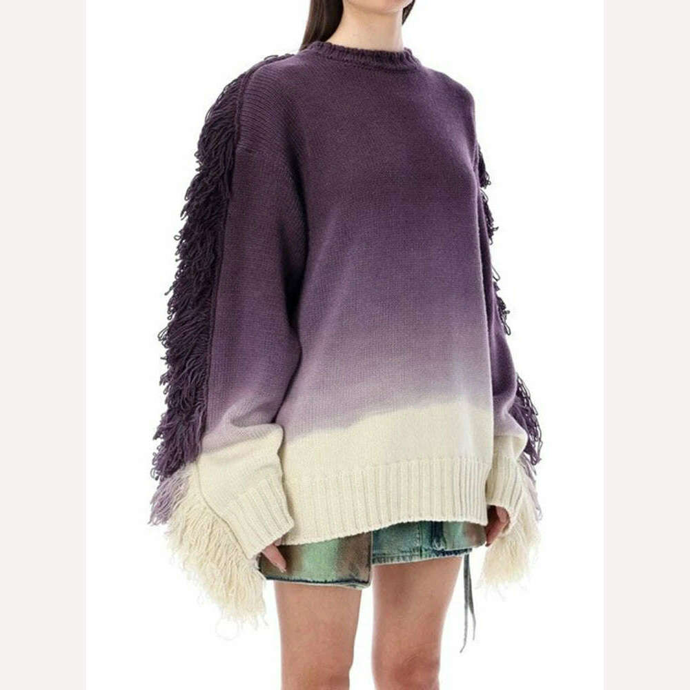 DEAT Fashion Women's Knitted Pullover Loose Round Neck Gradient Tassel Spliced Full Sleeves Sweater Autumn 2024 New Tide LM28080 - KIMLUD